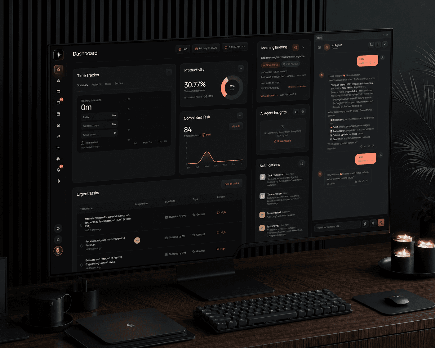 The Kavanah dashboard on a desktop display on a desk — time tracker, productivity chart, urgent tasks, a morning briefing, and the AI agent chat.