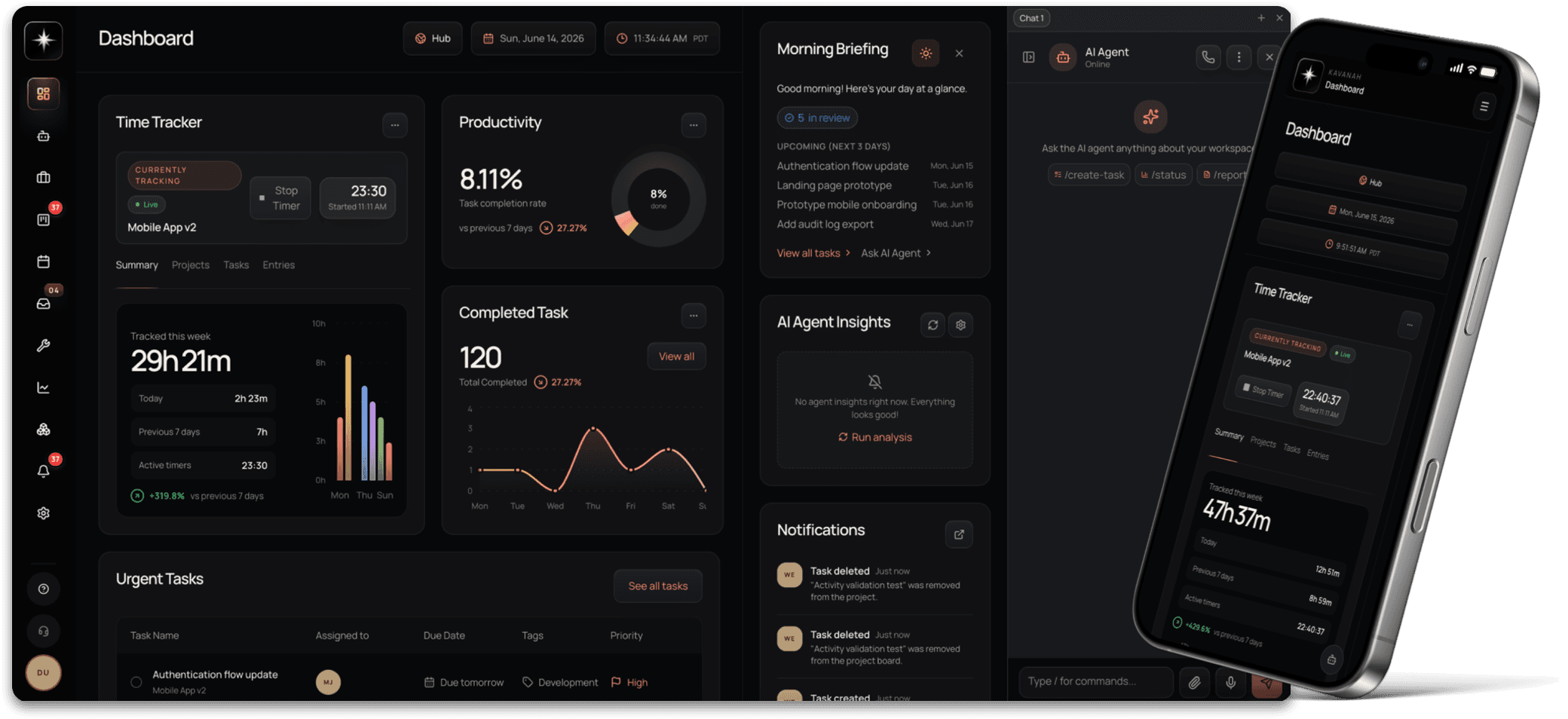 The Kavanah dashboard on desktop alongside the mobile app — time tracker, productivity, a morning briefing, the AI agent, and notifications.