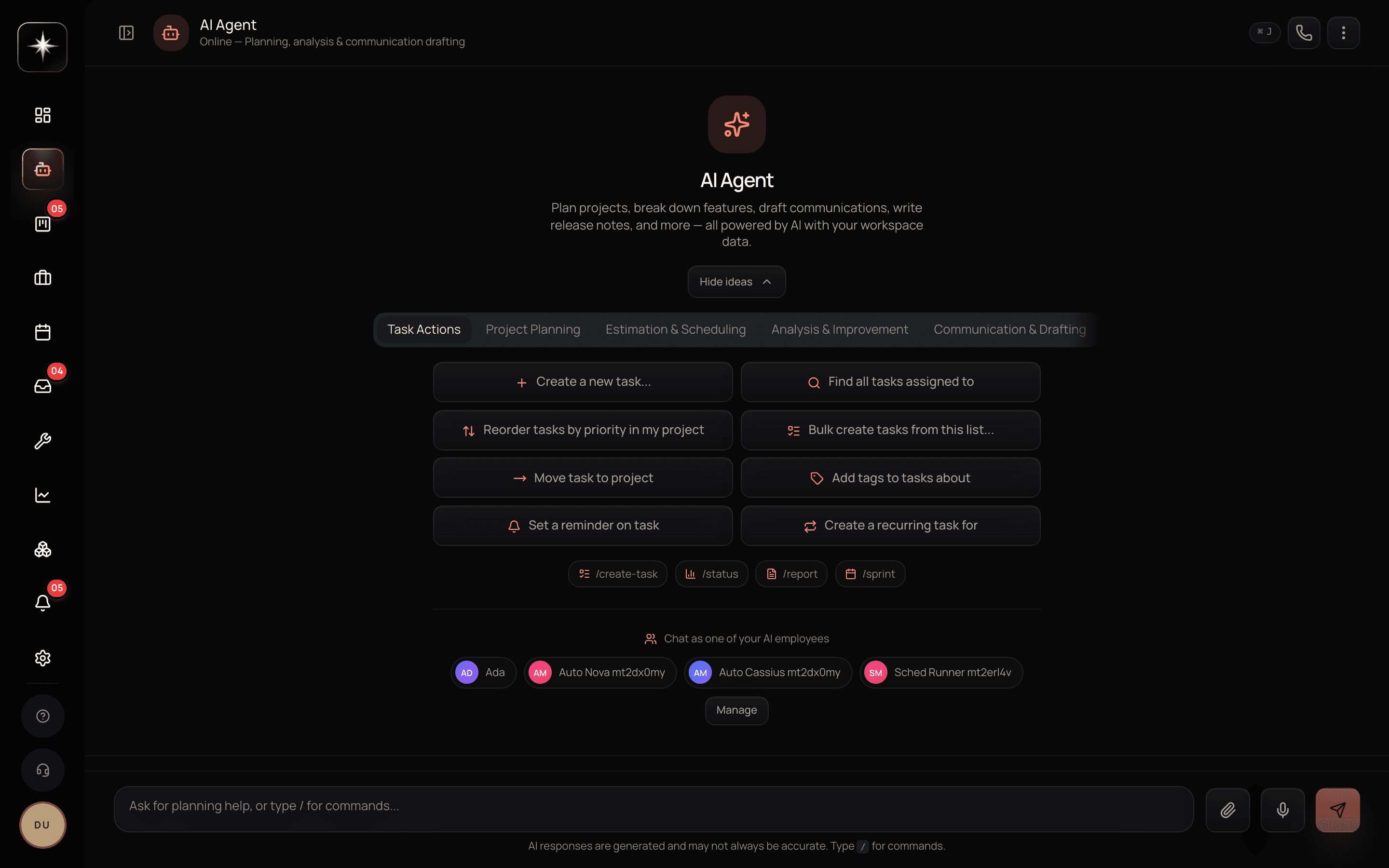 The AI Agent surface: a conversation pane with the message composer at the bottom, and the controls for switching persona and model alongside it.