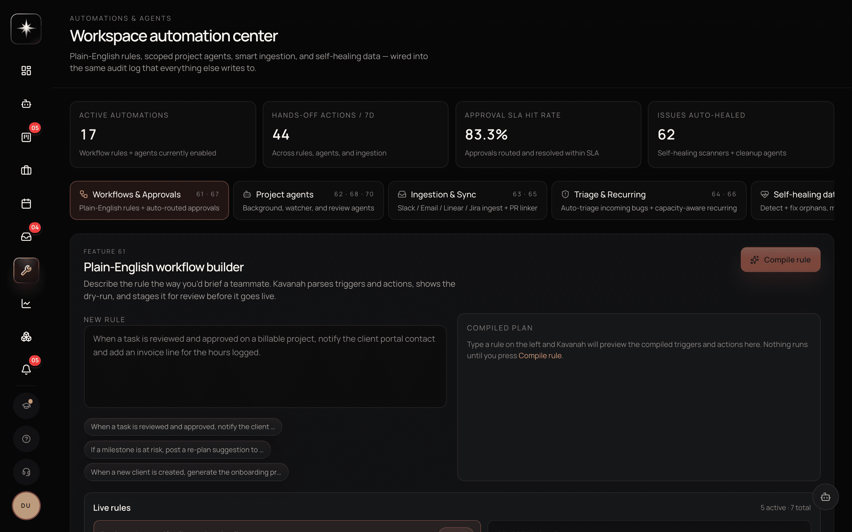 The Automations surface, where no-code rules pair a trigger with an action.