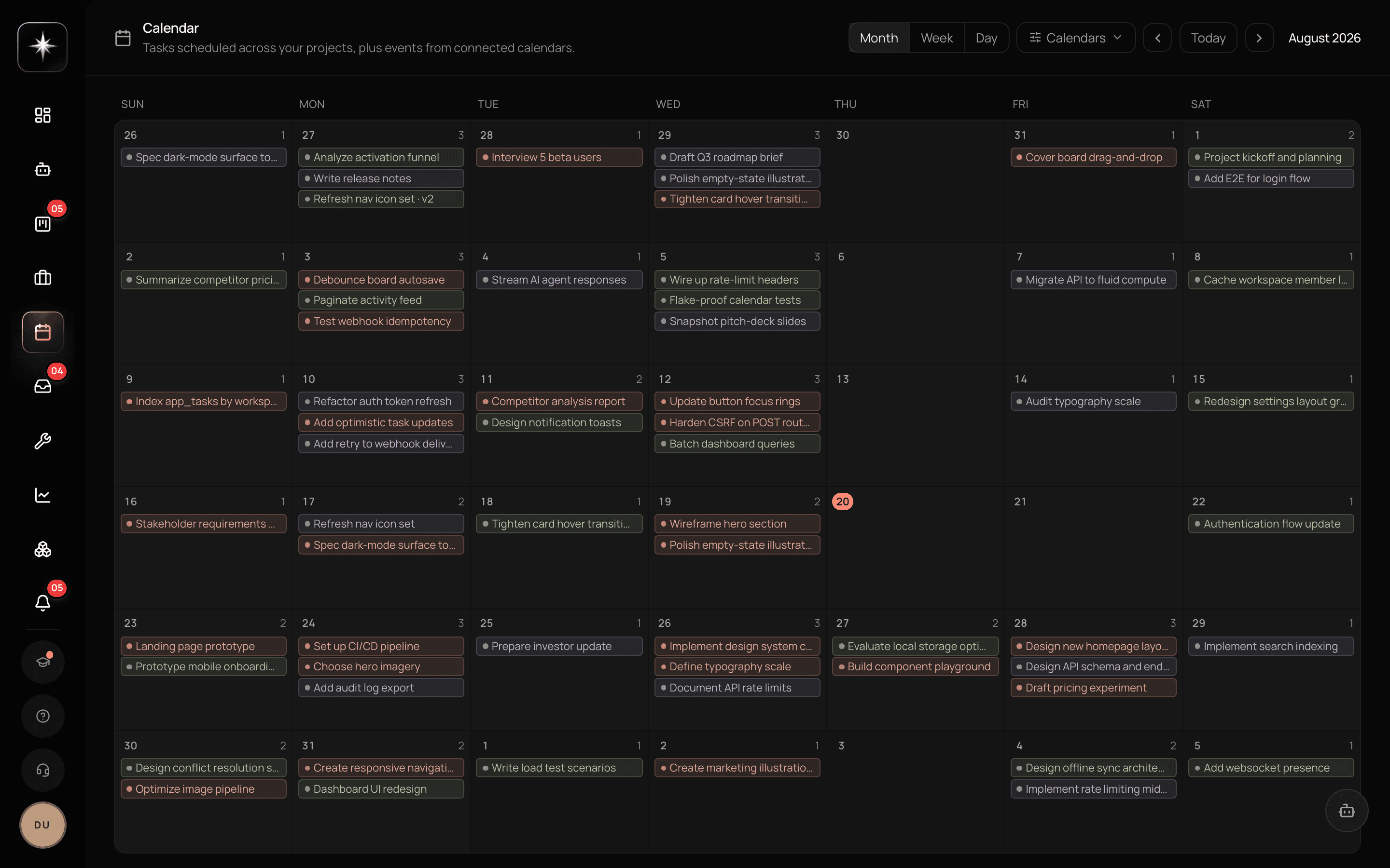 The unified calendar, showing task due dates and events from connected calendar providers in one grid.