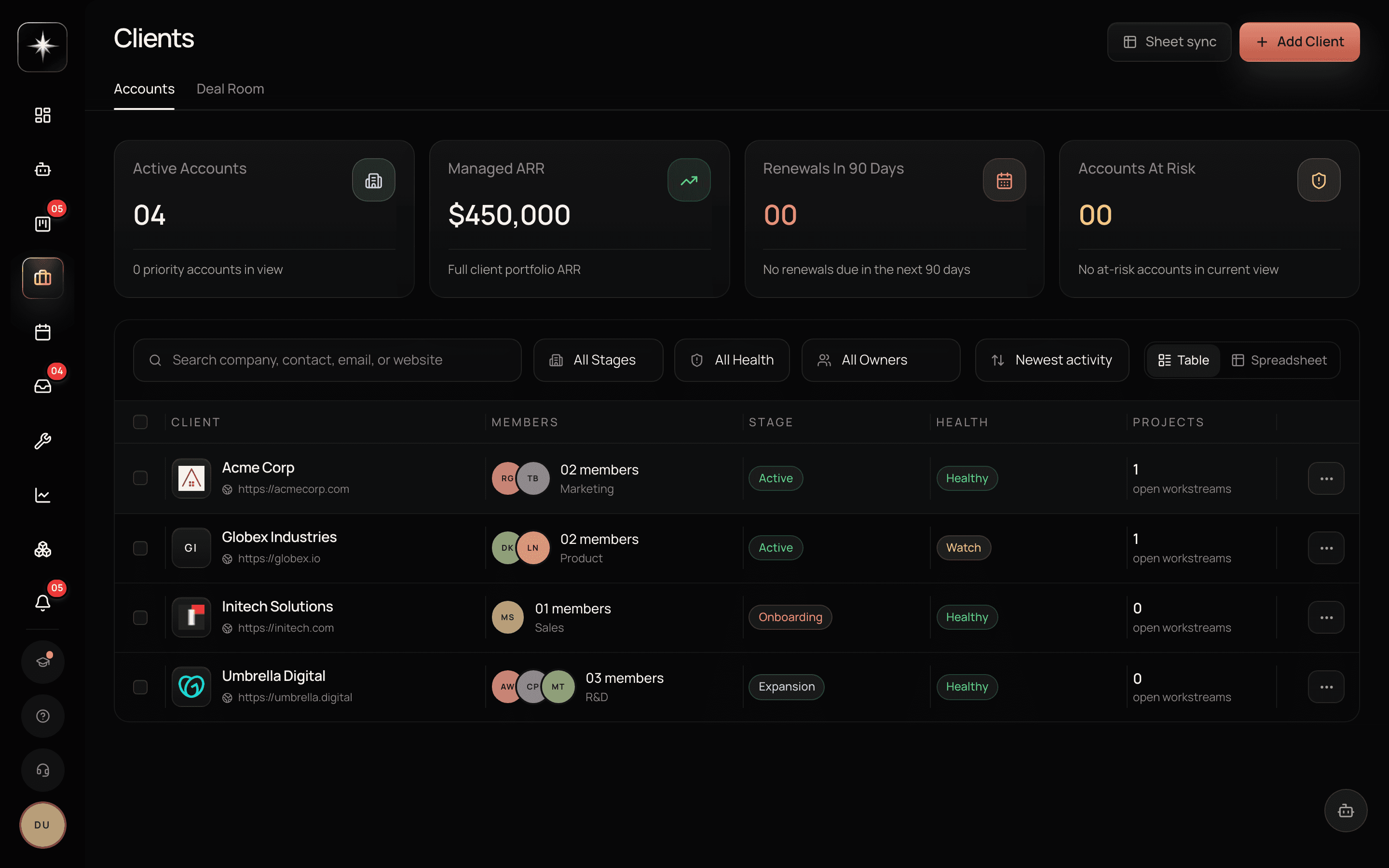 The Clients surface on its Accounts tab, listing companies with their health, stage and owner. A Deal Room tab sits alongside it.
