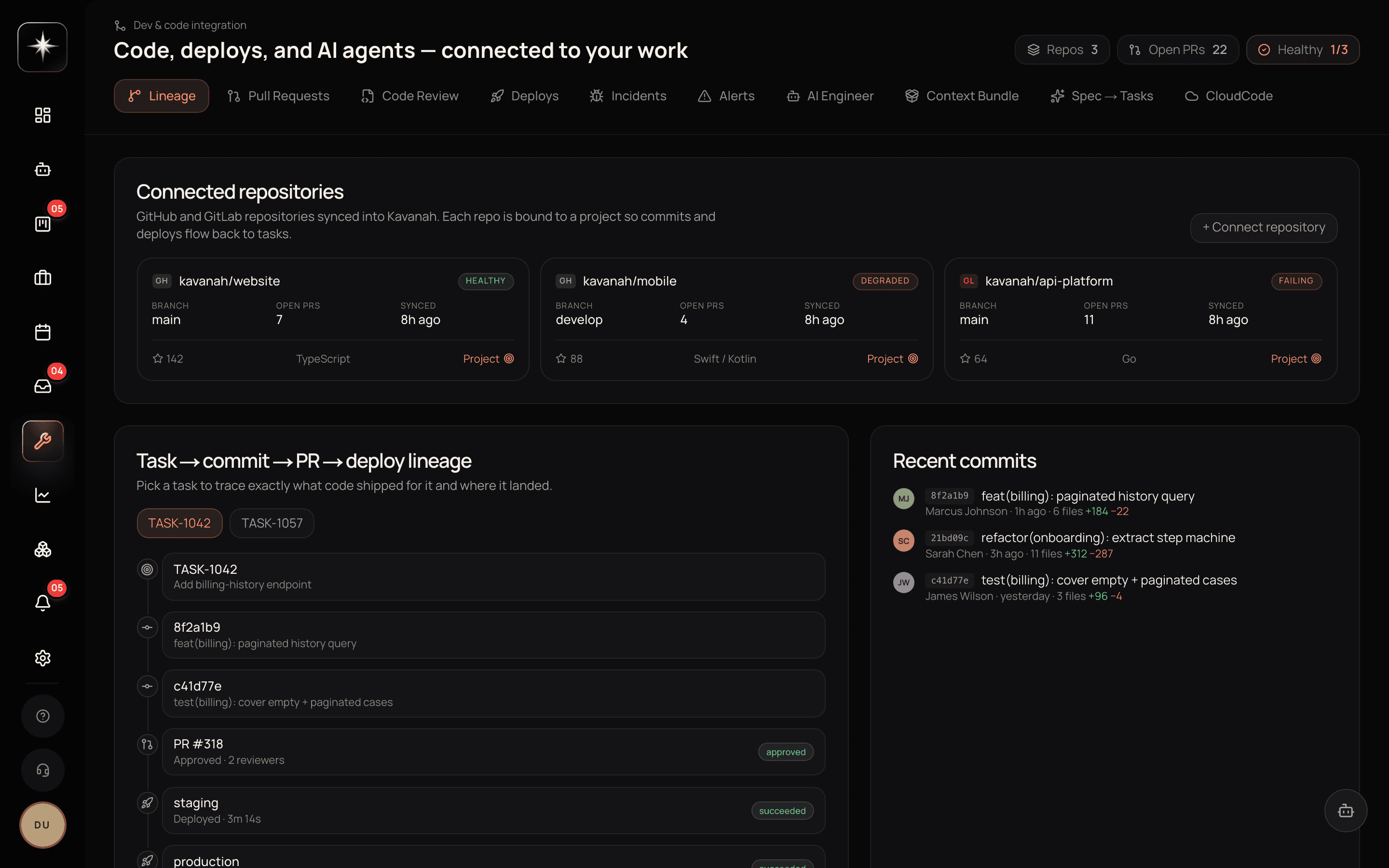 The Dev surface, the engineering hub covering repositories, pull requests, commits, deploys and incidents.