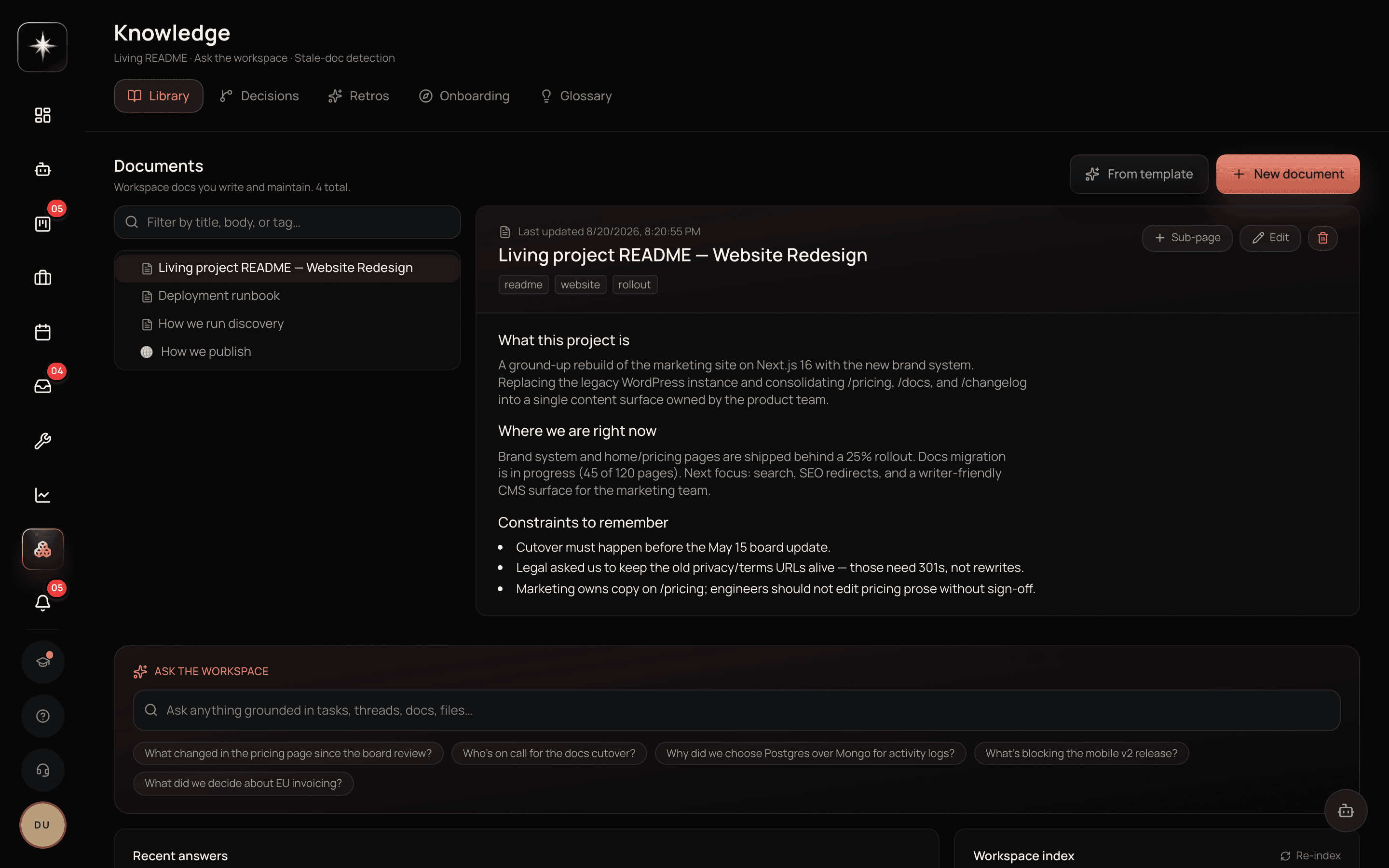 The Knowledge surface and its five tabs: Library, Decisions, Retros, Onboarding and Glossary.