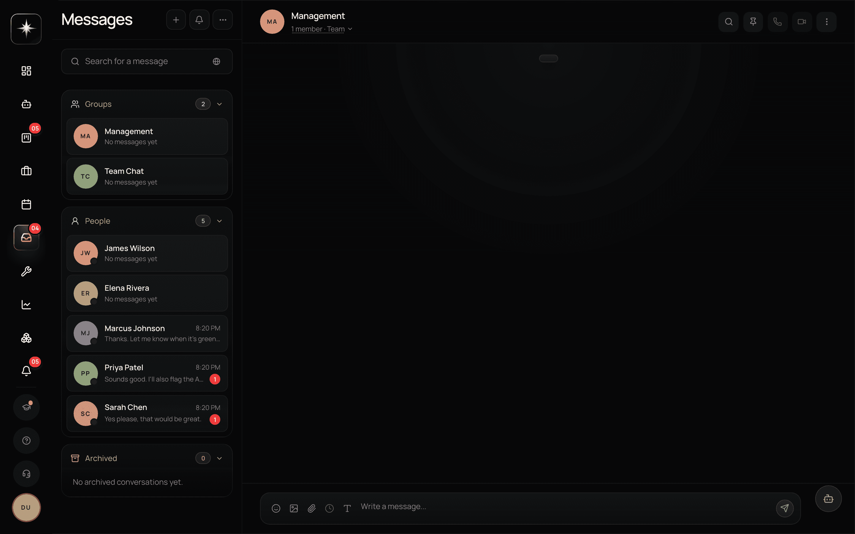 The Messages surface: a conversation list on the left and an open thread with its composer on the right.