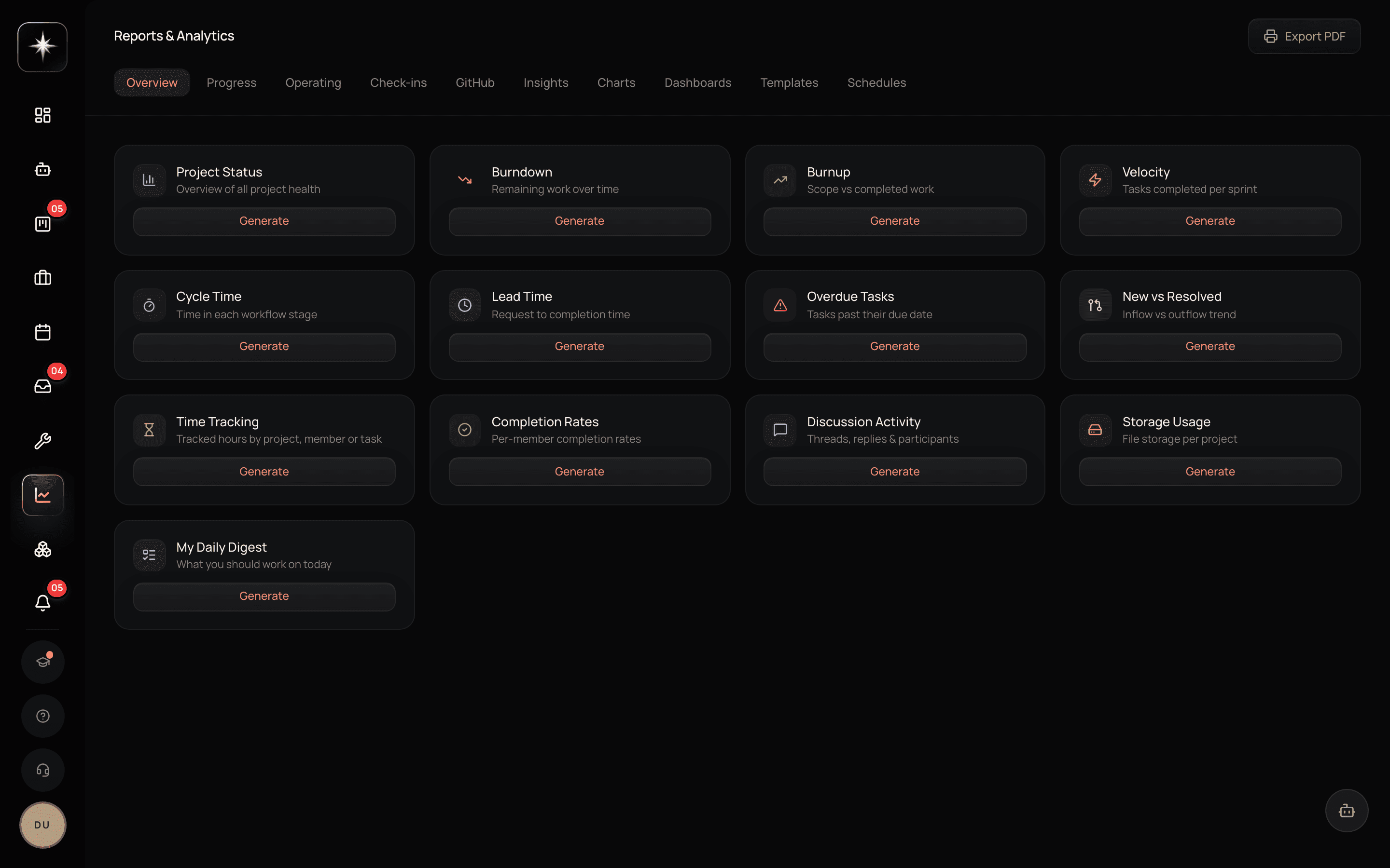 The Reports surface listing available reports alongside the scheduling controls that email them.