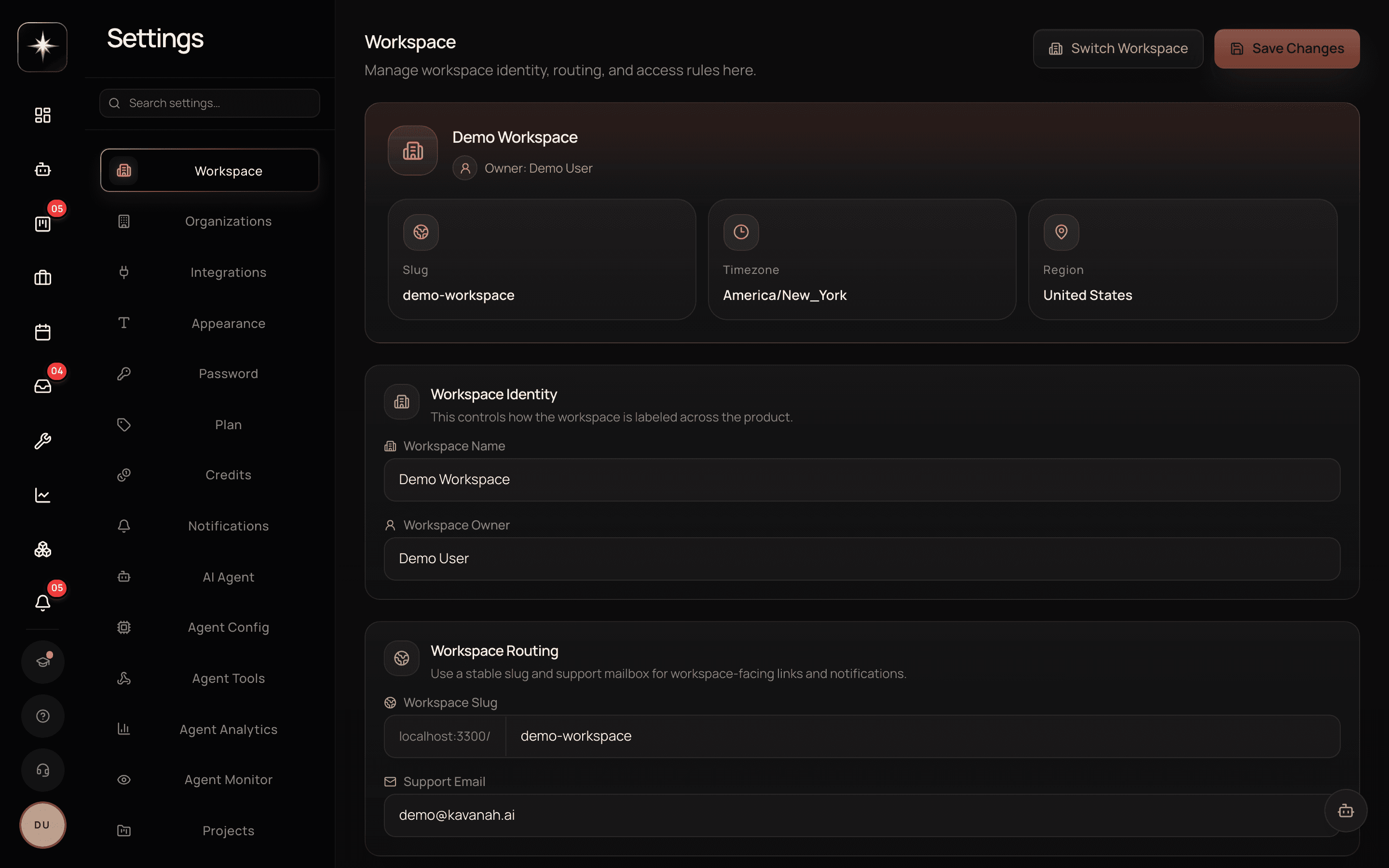The Settings hub with its left-hand list of panels and a search box above them.