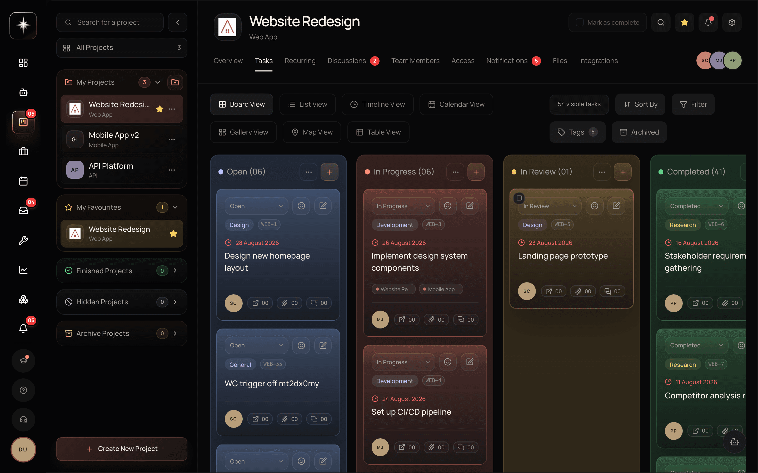 The task board in Board View, showing the seven view toggles (Board, List, Timeline, Calendar, Gallery, Map, Table) above four status columns of task cards.