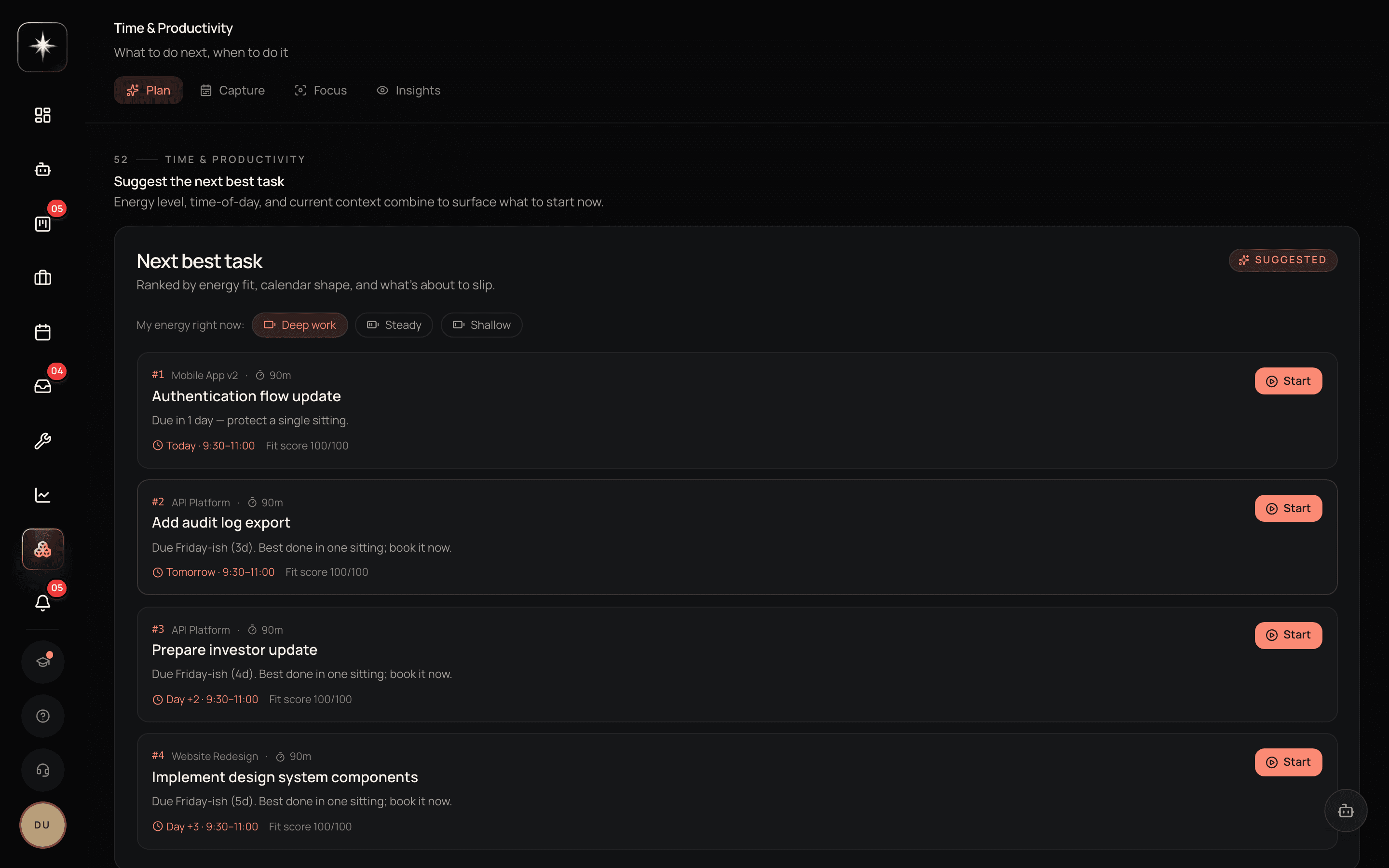 The Time surface with its four tabs — Plan, Capture, Focus and Insights — open on the tracking view.