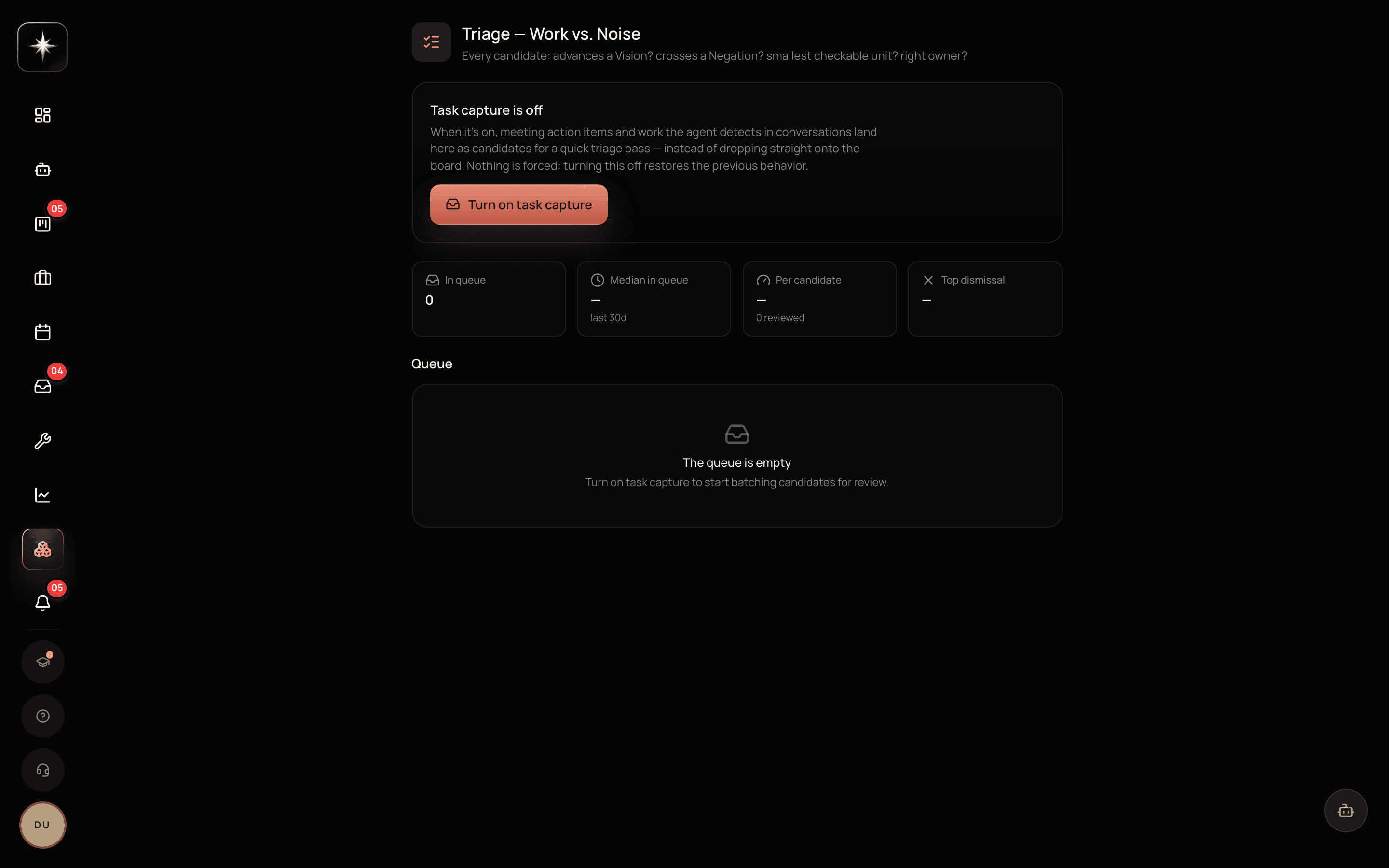 The Triage queue on a workspace where task capture is off: an explanatory card with a Turn on task capture button, zeroed metrics, and an empty queue.